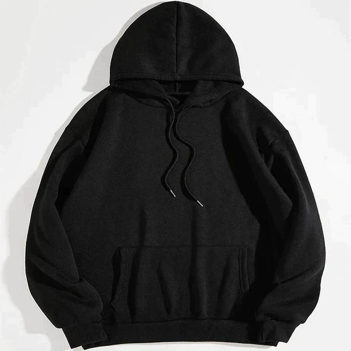 Women's Hoodie with Kangaroo Pocket and Thumb Holes in black, front view with drawstrings and a kangaroo pocket.