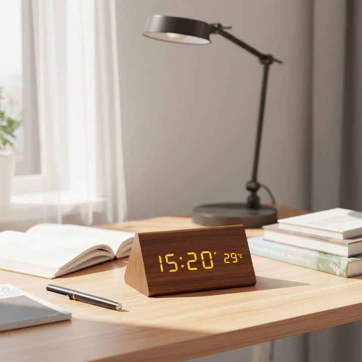 Triangular wood-grain clock with amber display on a desk beside an open book and lamp.