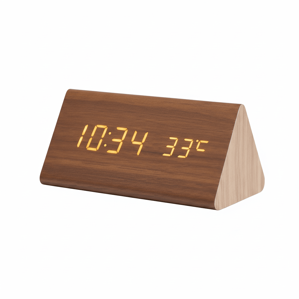 Triangular clock on a white background showing the dark wood-grain front, glowing amber digits and the pale wood side panel.
