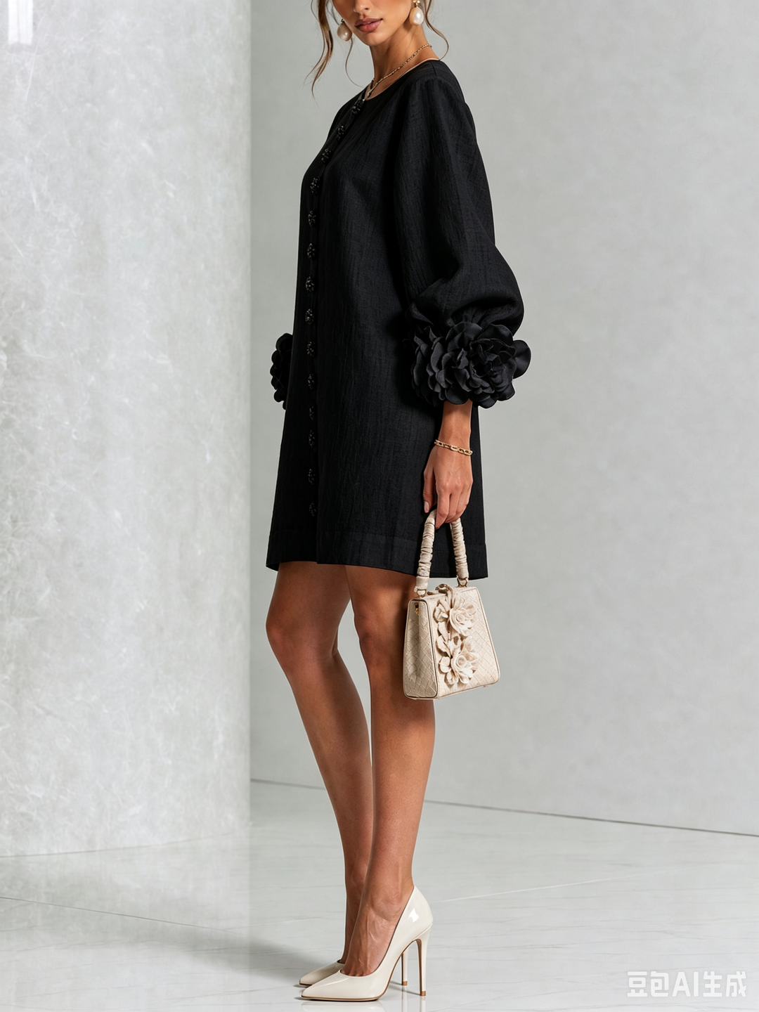 Black dress detail in side view with a balloon sleeve and rose cuff.
