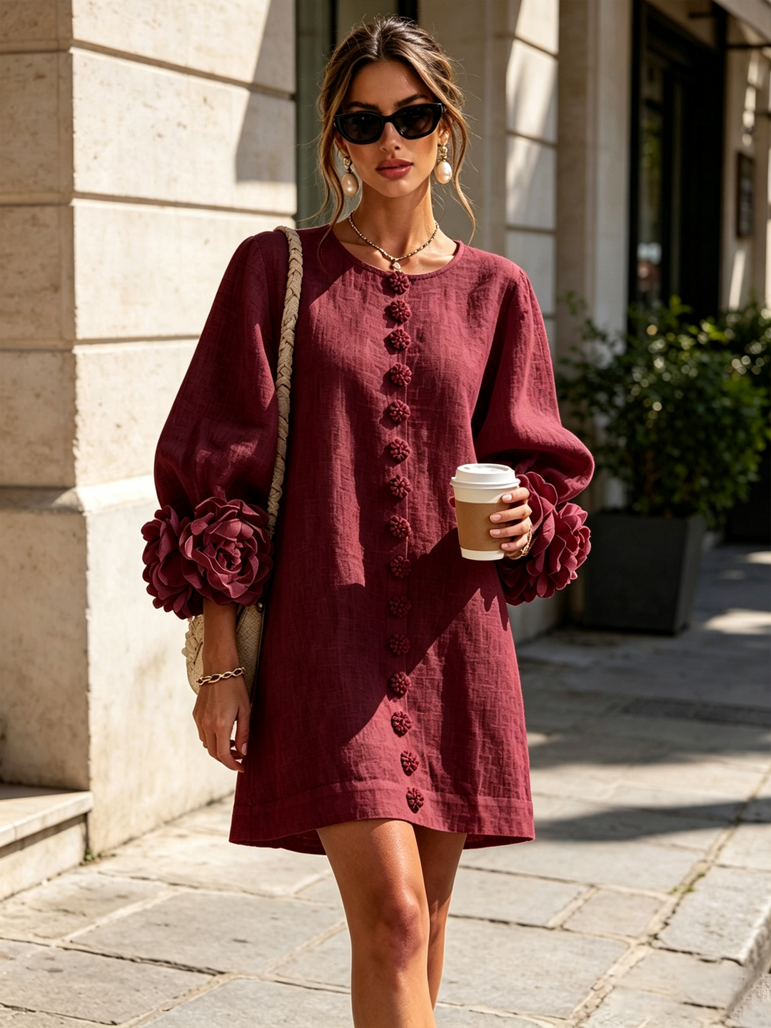 Burgundy dress worn outdoors with sunglasses, a braided shoulder bag and a takeaway coffee 38