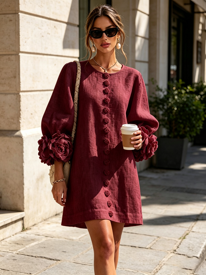 Burgundy dress worn outdoors with sunglasses, a braided shoulder bag and a takeaway coffee 38