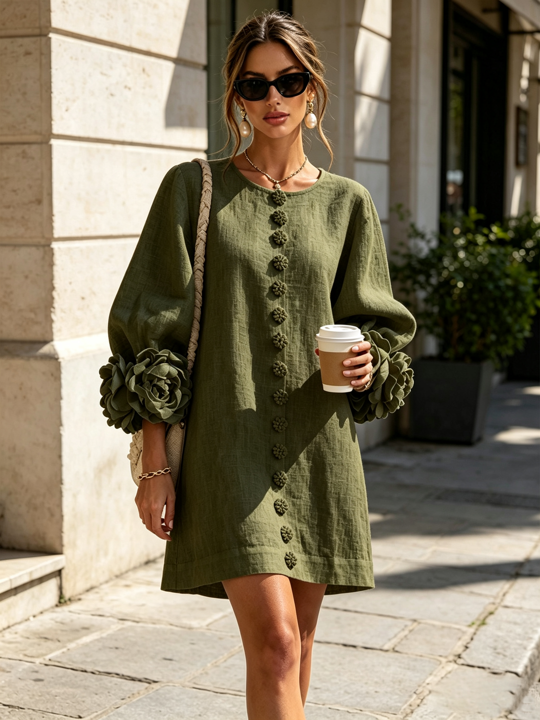 Olive green shirt dress with puffed sleeves and fabric rosette cuffs.