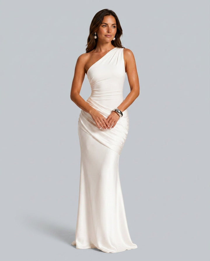 Ivory one-shoulder satin maxi dress with draped waist, front view