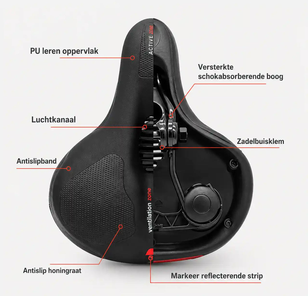 Saddle split down the middle, showing the cover and underside with the air channel and clamp.