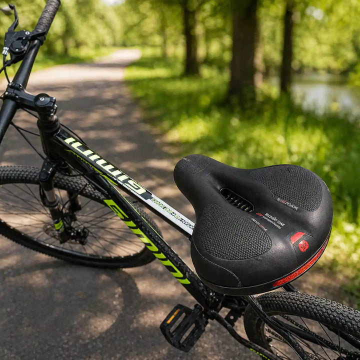 Saddle on a green-and-black mountain bike parked on a shaded forest path, with the red reflector at the rear. 9