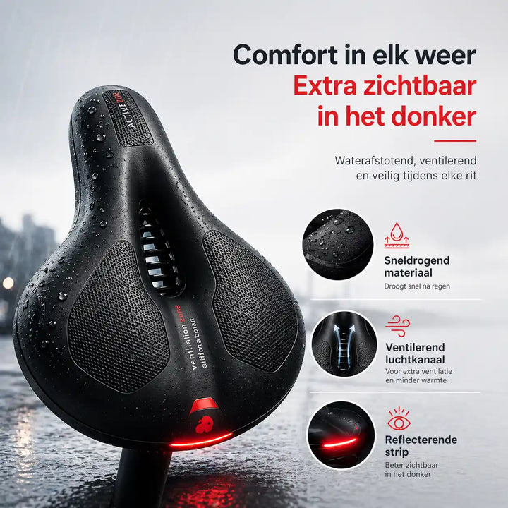 Black saddle covered in water droplets, showing the ventilation channel and reflective strip.