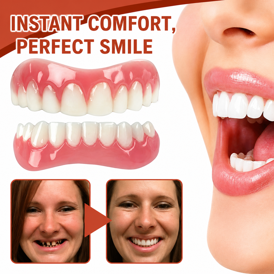 Pink and white Denture Comfort Cushions beside a woman's open smile.
