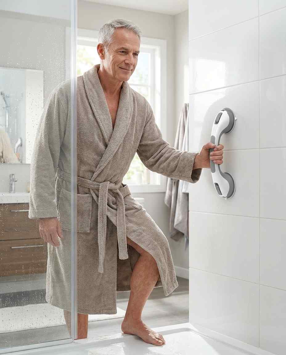 Man in a taupe bathrobe steps out of a glass shower while holding the grab bar mounted vertically on white tile.