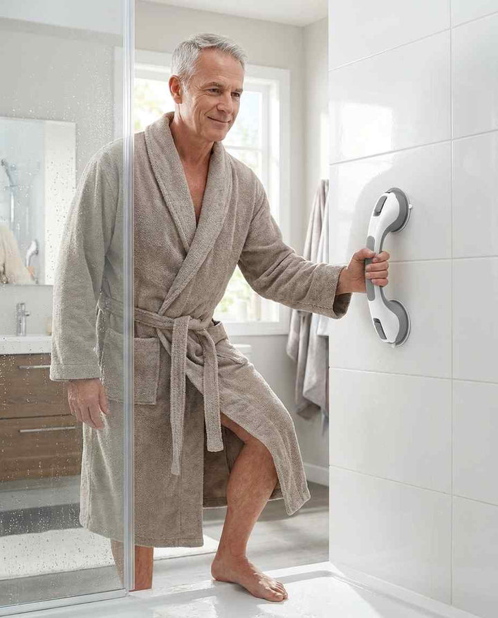 Man in a taupe bathrobe steps out of a glass shower while holding the grab bar mounted vertically on white tile.