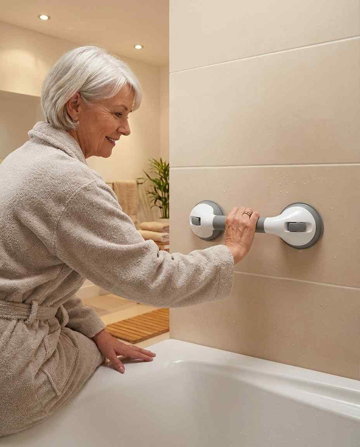 Smiling gray-haired woman in a beige robe sits on the tub rim, gripping the grab bar on a beige tile wall.
