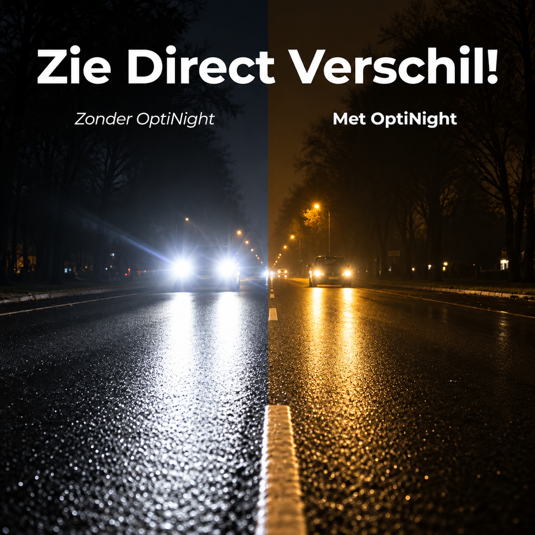 Detail of a wet night road comparison with glaring headlights and less glare on the right.