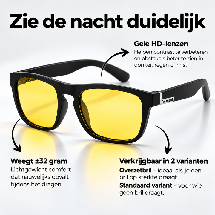Another view of black square-framed glasses with yellow lenses on a white surface.