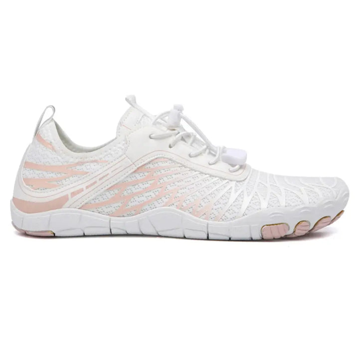 Right-side view of the white and pink barefoot shoe showing the mesh upper, toggle laces, heel pull loop and wide toe area.
