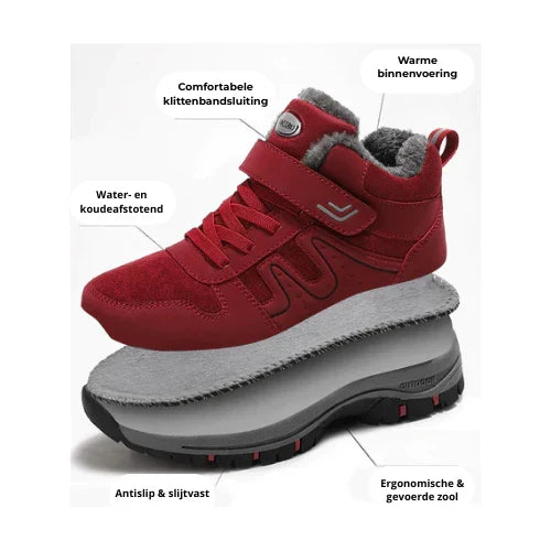 Red boot with callout labels for lining, strap, water resistance, grip and cushioned sole layers 2