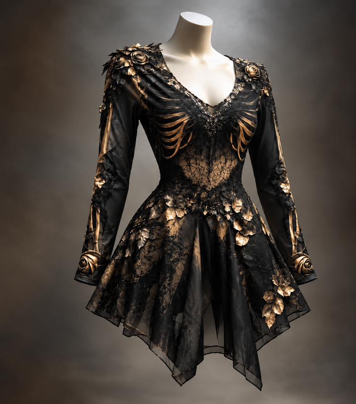Black version of the Women's Gothic Long Sleeve V-Neck Mini Dress with gold rib-bone motifs and floral detail.
