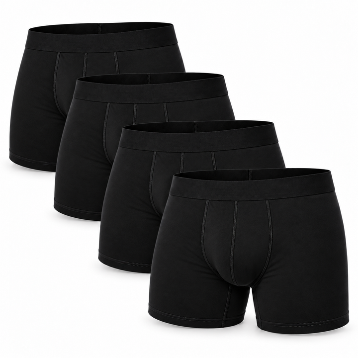 Four black boxer briefs fanned out in a staggered stack, showing waistbands and front stitched seams. 12