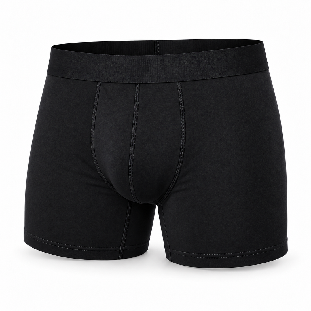 Single black boxer brief shown from the front, with wide waistband, stitched pouch seams and longer leg. 13