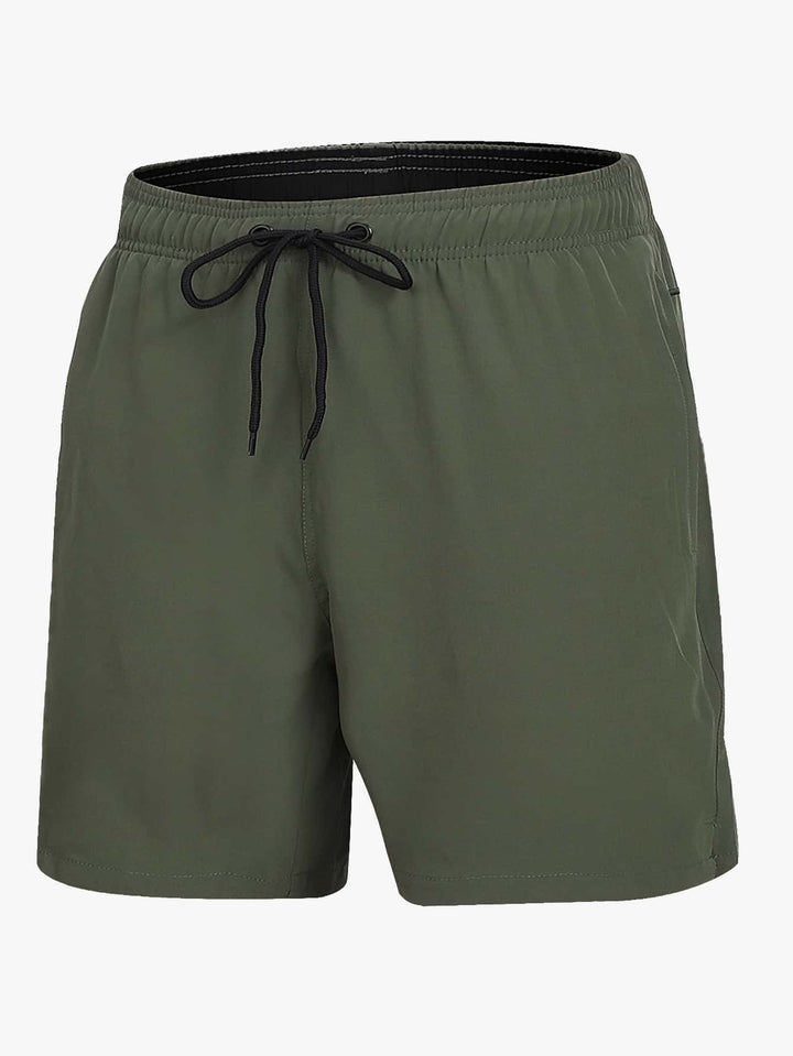 Men's swim trunks in olive green, flat lay with black drawstring and a dark inner waistband lining.