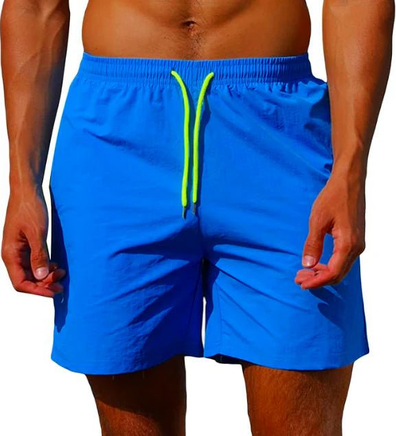 Bright blue swim trunks with a neon yellow drawstring, front view.