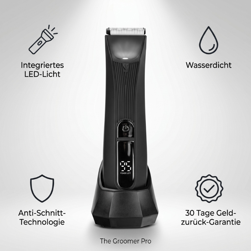 Black trimmer in its charging dock with icons for light, water resistance, cut protection and guarantee.