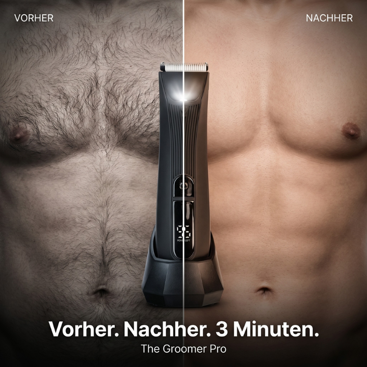Black trimmer for men shown between a before-and-after chest and stomach grooming comparison.