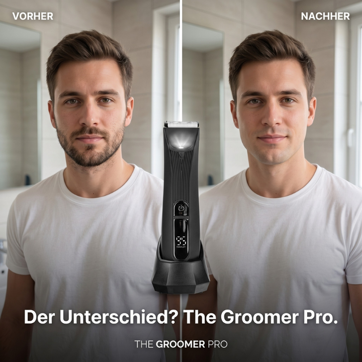 Black trimmer for men shown in a before-and-after face grooming comparison.
