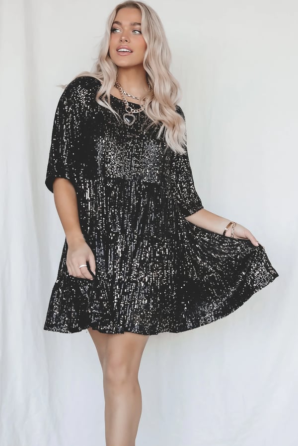 A-line Dress - ShimmerFlow-Black-M-Nora Luxe