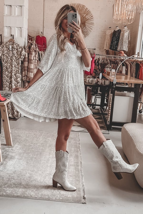 A-line Dress - ShimmerFlow-Silver-M-Nora Luxe