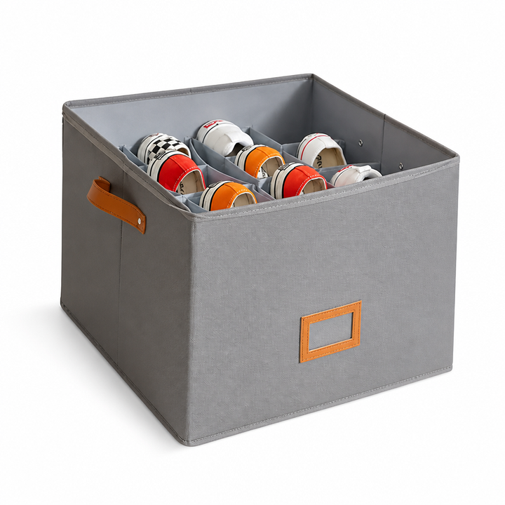 Gray fabric shoe organizer with tan handle and label holder, holding colorful sneakers in its dividers, on a white background. 5
