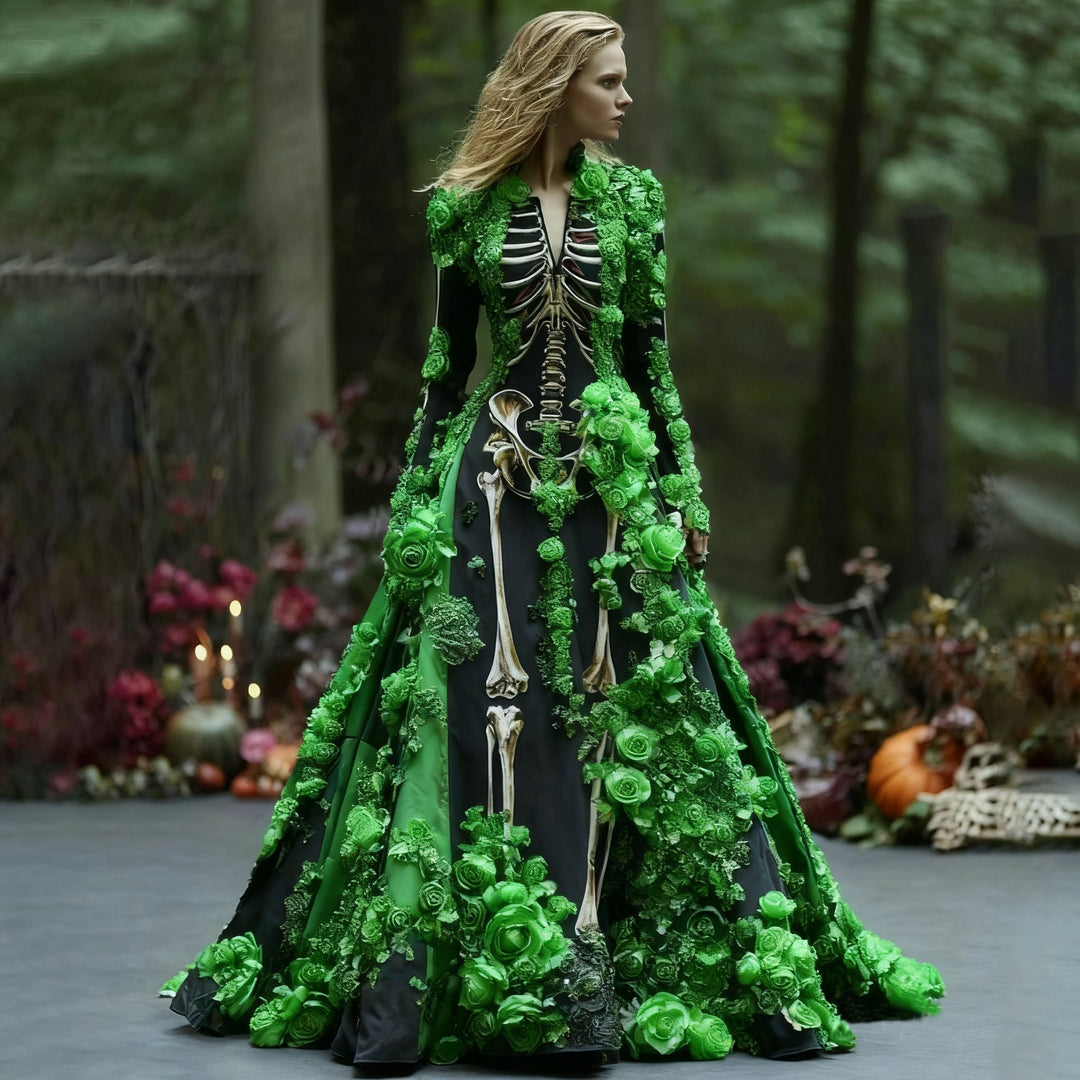 Black skeleton print maxi dress with green roses, detail view.