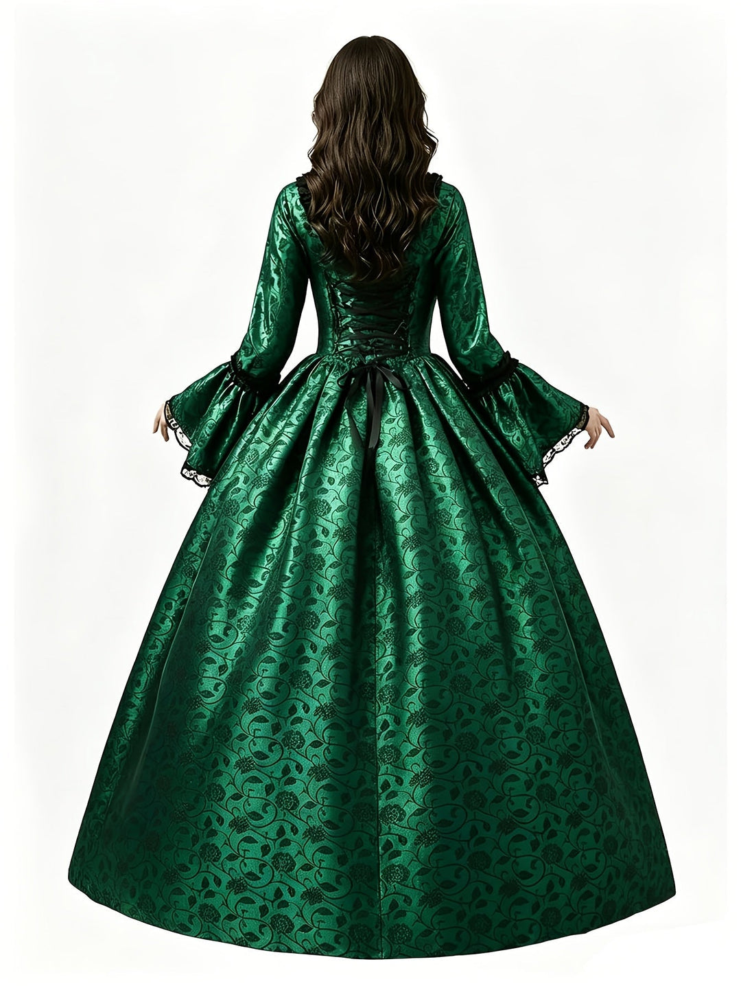 Women's gothic vampire costume dress in black and blue with flared sleeves, back view.