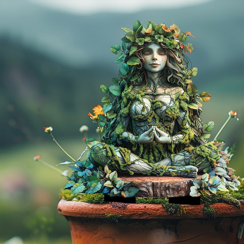 Fairy Tale Acrylic Garden Stake with a meditating nature spirit in a terracotta pot detail