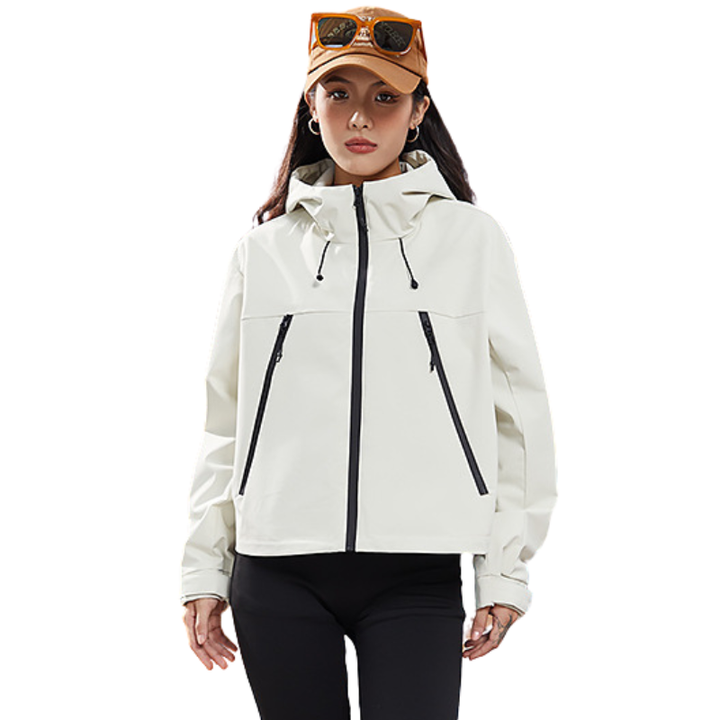 Front view of the cream hooded jacket on a model with the hem left loose, black diagonal pocket zips visible. 4