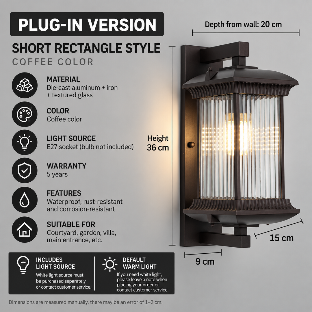 Another view of the shorter outdoor wall light with a specification list and height, width and depth measurements.