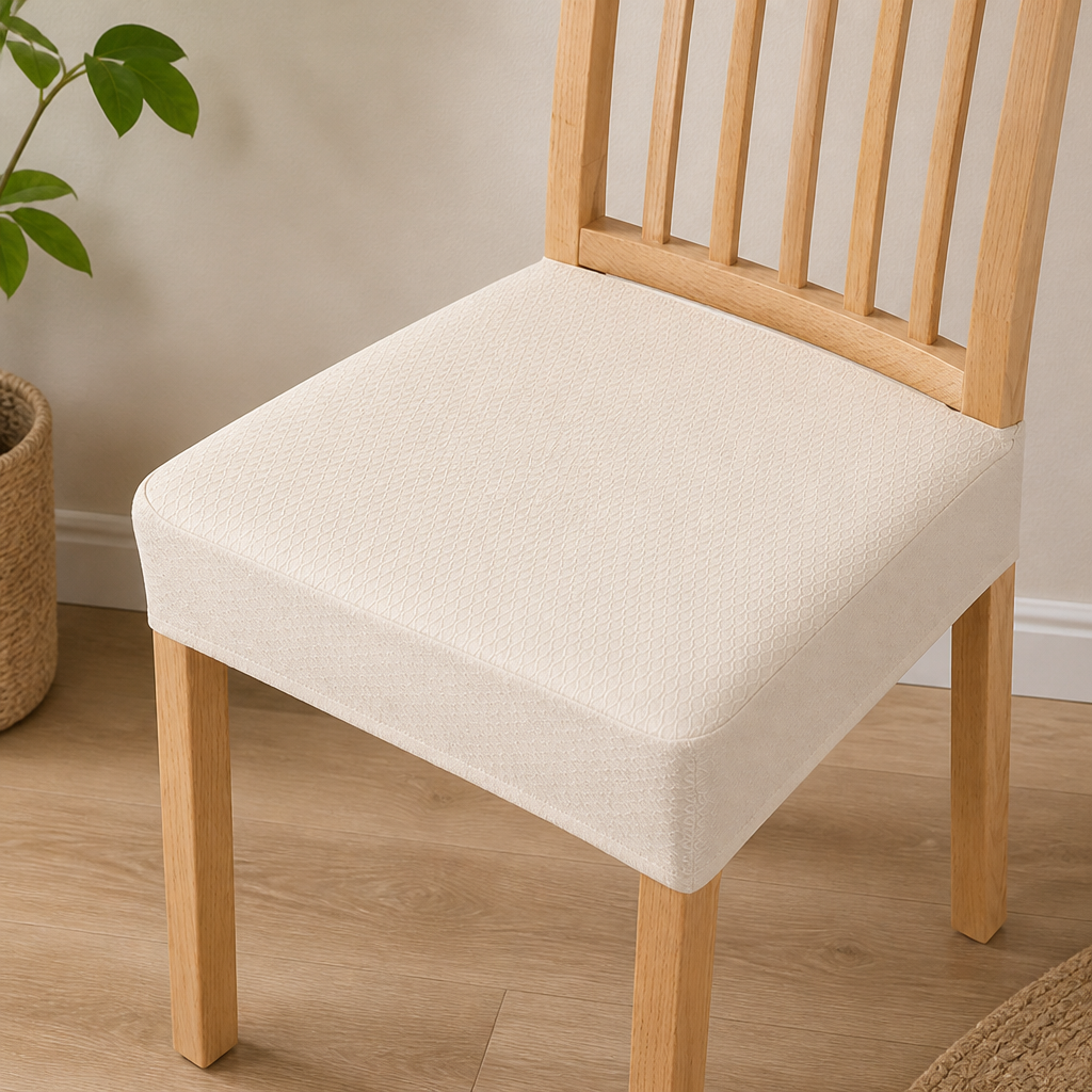 Cream seat cover with a fine diamond pattern on a light wood chair, another view.