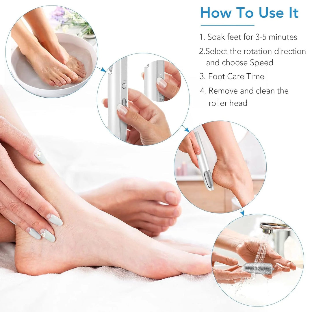 Four-step usage guide: soaking feet, choosing speed and direction, buffing the heel, rinsing the roller head 6