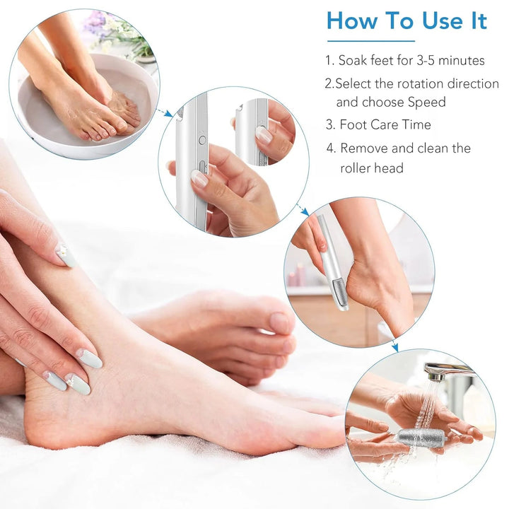 Four-step usage guide: soaking feet, choosing speed and direction, buffing the heel, rinsing the roller head 6