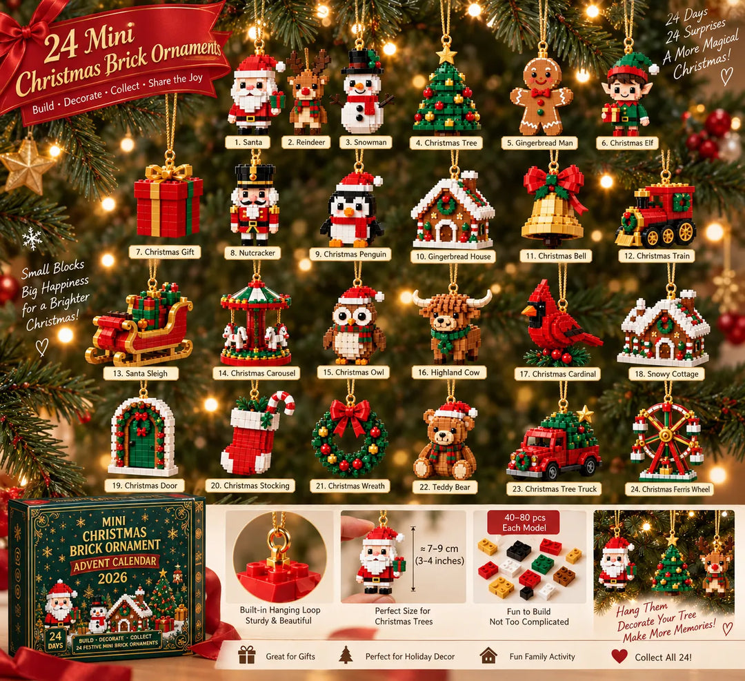 Christmas Building Block Advent Calendar with 24 Hanging Mini Ornaments, chart showing all 24 ornaments and details