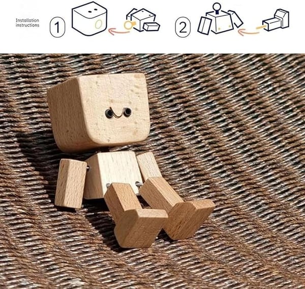 Wooden figure with a smiling face on a woven brown surface, with assembly steps drawn above 9