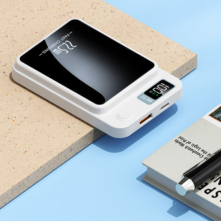White power bank shown with its USB ports, button and digital display.