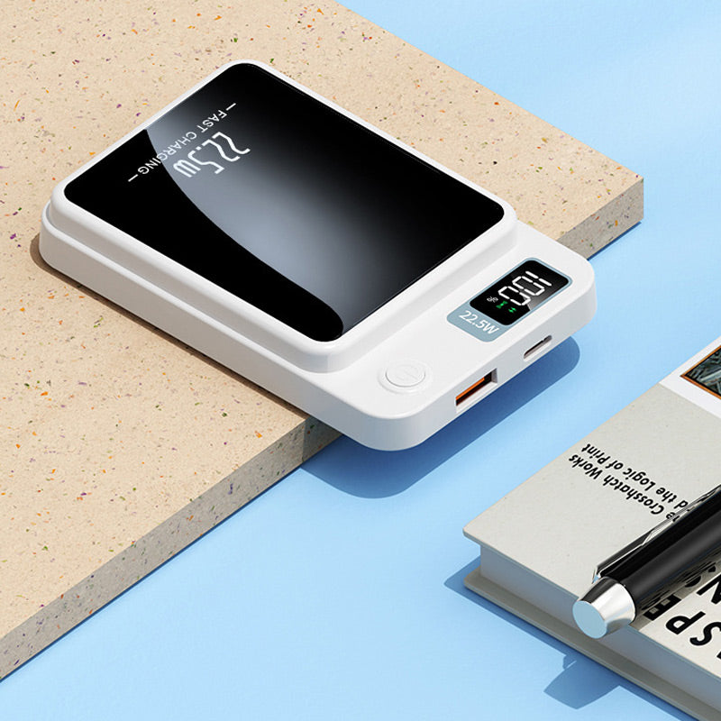 White power bank detail showing the display, power button, USB-A port and USB-C port.