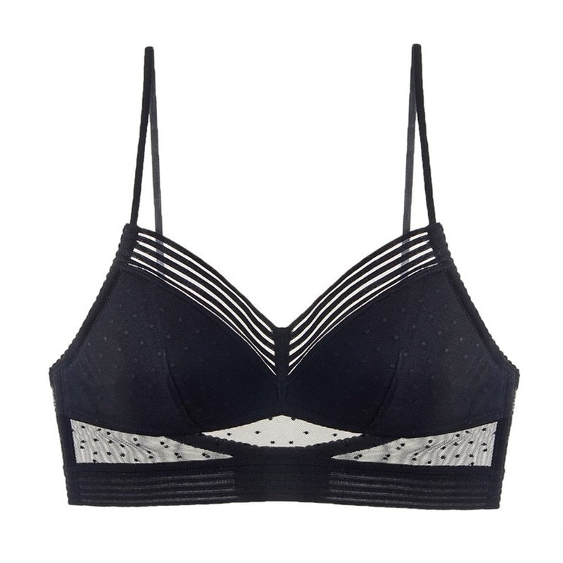 Flat front view of the black bra showing thin straps, striped neckline, dotted mesh panel and elastic striped band 8