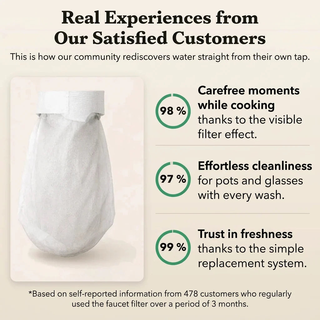White pouch-shaped filter cover beside three green percentage circles summarizing customer satisfaction in an infographic 8