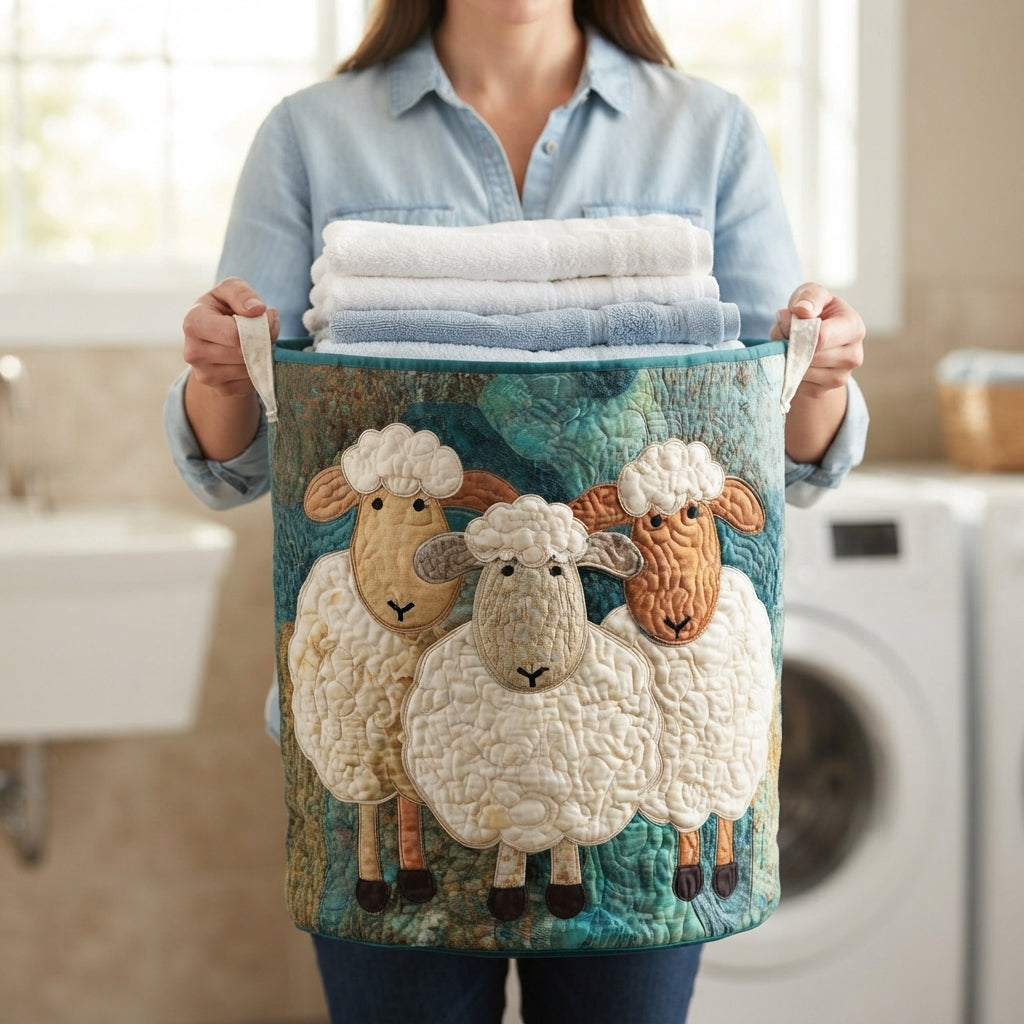 Beige quilted fabric laundry basket with canvas handles, another view.