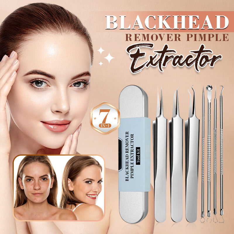 Promotional collage of a smiling woman touching her face beside the seven-piece steel tool set and its metal case, with a before-and-after inset. 1