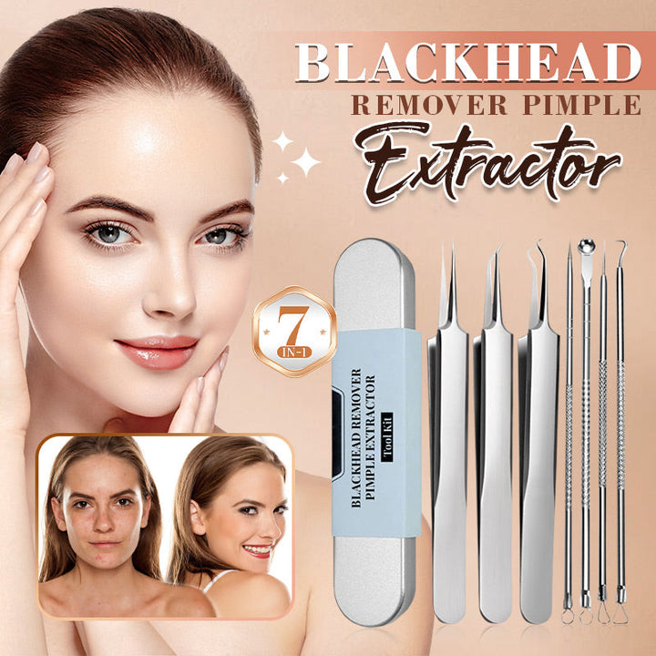 Promotional collage of a smiling woman touching her face beside the seven-piece steel tool set and its metal case, with a before-and-after inset. 14