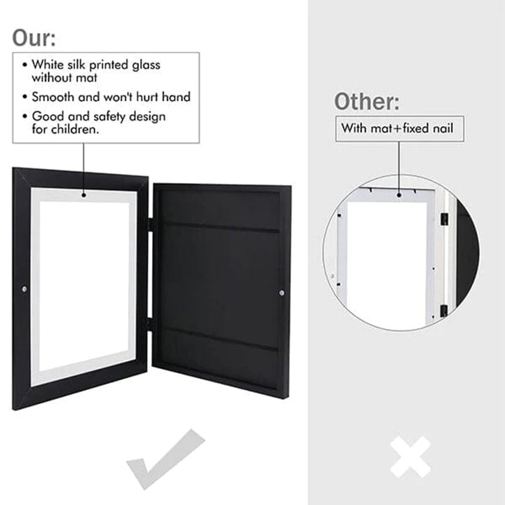 Black kids art frame detail showing white printed glass without a mat versus another design with a mat and fixed nails.