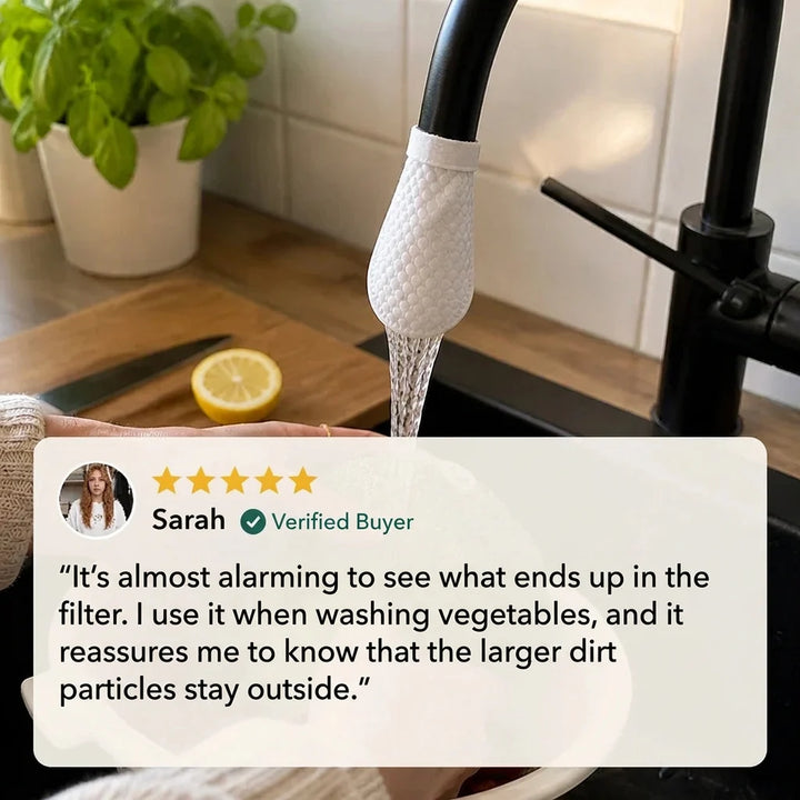 White textured filter cover on a black kitchen faucet with water flowing, beside a lemon, with a customer review overlay 7