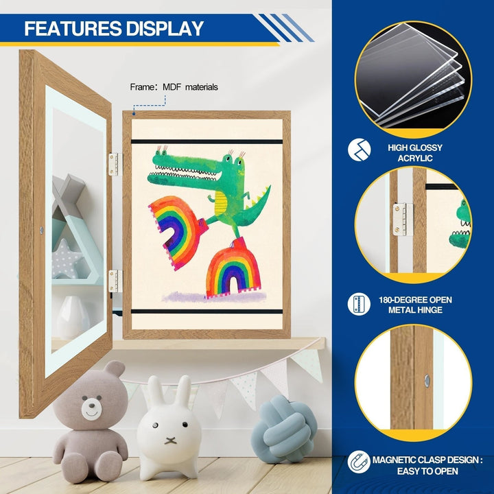 Opened wood-tone kids art frame with a crocodile-on-rainbows drawing and hardware callouts.